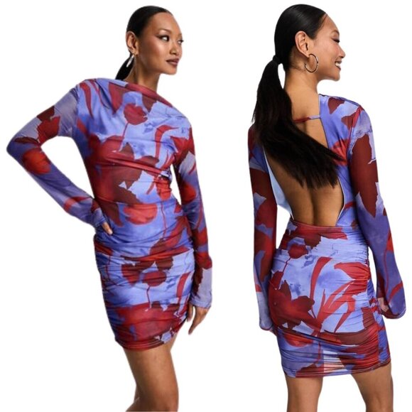 ASOS High Neck Backless Floral Mesh Mini Dress Women's 6 Blue Red Going Out NWT - Picture 1 of 16